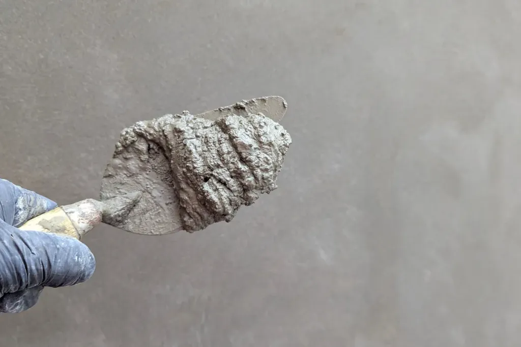 Hand met een troffel vol cementmortel, zoals gebruikt bij het egaliseren van een vloer
