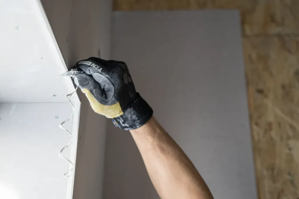 Hand met handschoen brengt vuller aan op een binnenmuur bij het vullen van gipsplaatnaden