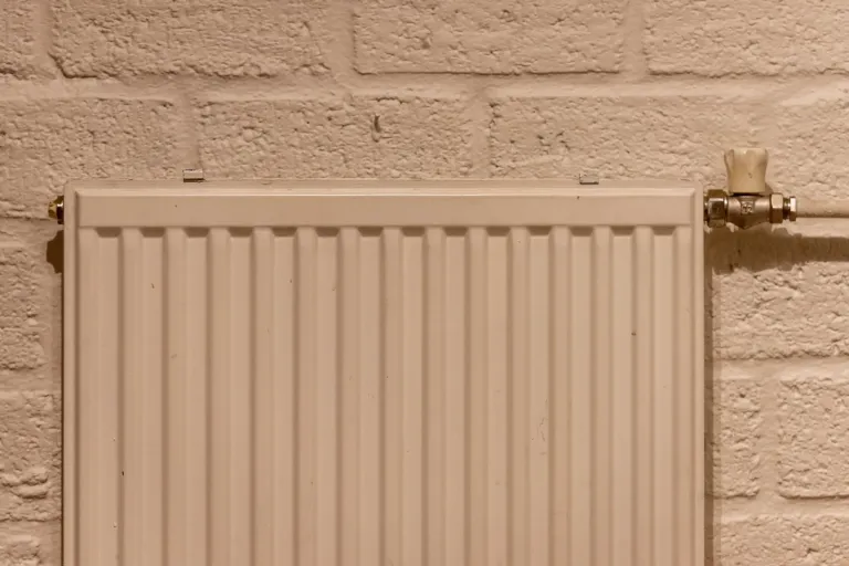 Strakke witte radiator tegen een bakstenen muur, ideaal om een radiatorombouw voor te maken