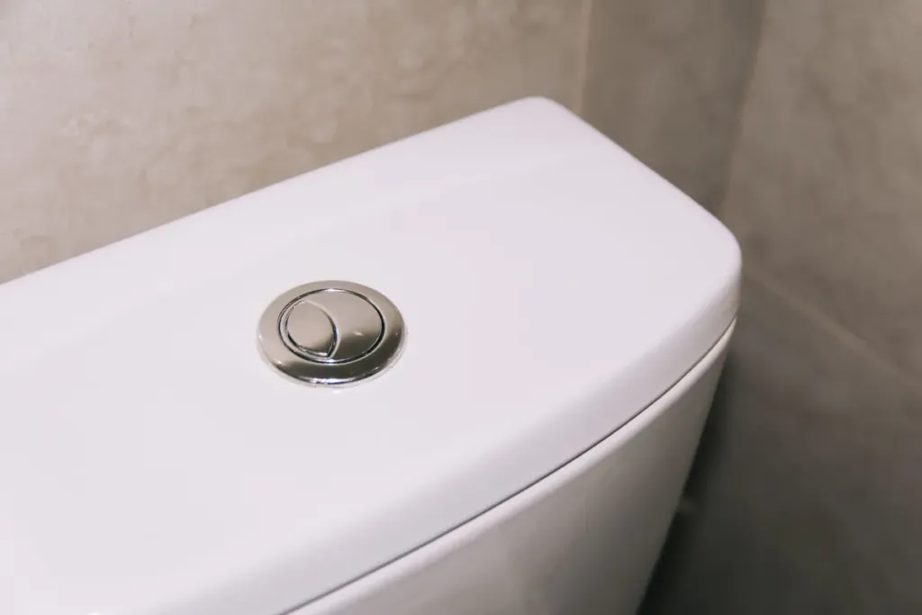 Close-up van de chromen spoelknop van een toilet om na het ontstoppen door te spoelen